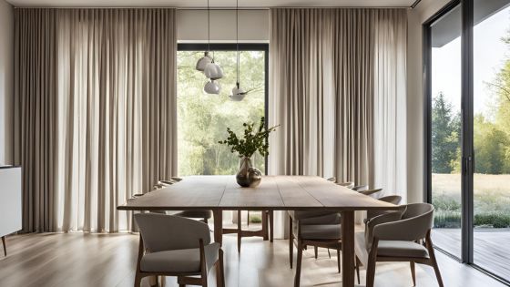 Elegant dining room with large windows featuring floor-to-ceiling pencil pleat curtains installed on a ceiling-mounted double track, allowing natural light to softly filter into the space.