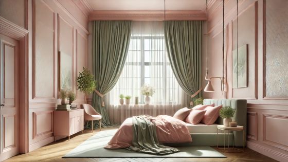 This serene bedroom design embraces the soothing colors of soft pinks and greens, creating a tranquil oasis perfect for relaxation. The large window allows natural light to flood the room, while the elegantly draped curtains, held on corded tracks, add a 