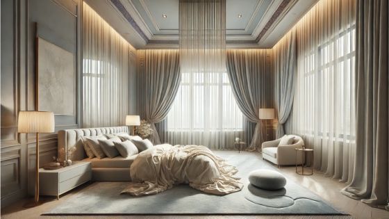 The image shows a large, serene bedroom with soft lighting and a calm, luxurious feel. The room features tall windows with long, semi-sheer curtains hung from a sleek, ceiling-mounted curtain track. The soft, diffused light that filters through the curtai