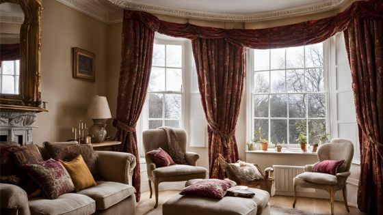 Elegant living room featuring luxurious red curtains hung on curtain tracks with draped, patterned curtains framing large bay windows. The room includes classic beige furniture, decorative cushions, and natural light enhancing the traditional design.