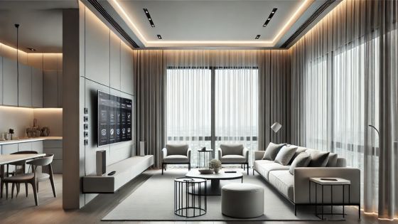 A modern smart home apartment designed for convenience and style. The living space features sleek, minimalist furniture with clean lines and neutral tones. The walls are painted in soft gray with accent walls in muted pastel or bold modern shades. Smart c