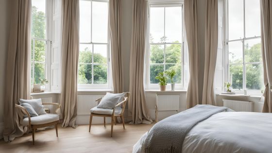 Summer vibes, bedroom with long light weight curtains